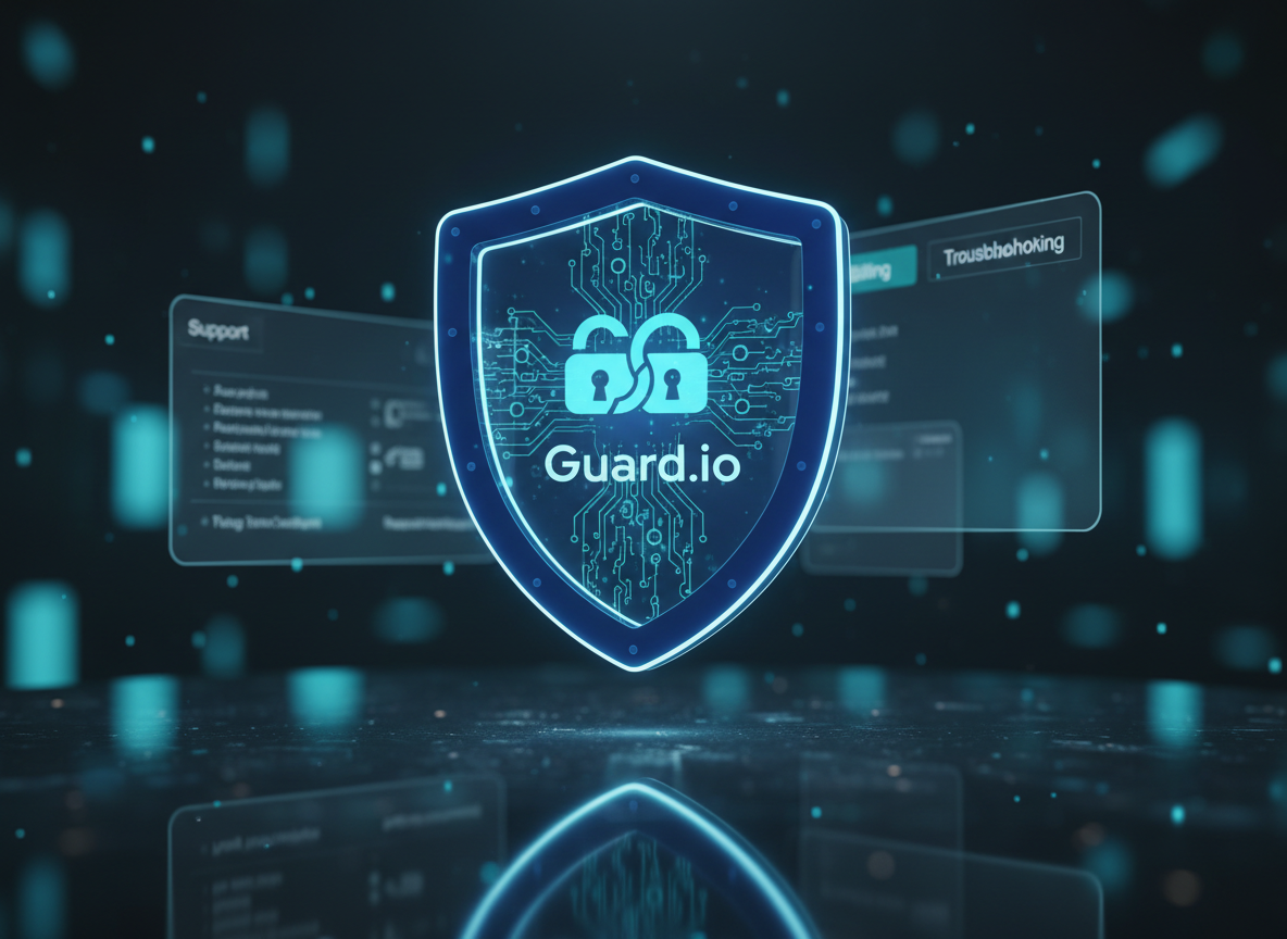 A high-resolution close-up of a glossy digital shield icon in deep blue and cyan tones, floating above a dark, reflective glass surface. Inside the shield, tiny lock symbols and circuit patterns glow softly, suggesting advanced Guard.io antivirus protection. Faint, semi-transparent interface elements, such as labeled tabs for “Support,” “Billing,” and “Troubleshooting,” hover in the background like holographic panels. The scene is set in a dim, abstract technology space with subtle bokeh lights in cool blues and teals. Focused studio-style rim lighting outlines the shield’s contours, casting a faint reflection below. Shot from a low, dramatic angle with shallow depth of field, the composition is centered and symmetrical, conveying a secure, cutting-edge, and professional mood in clean photographic realism.