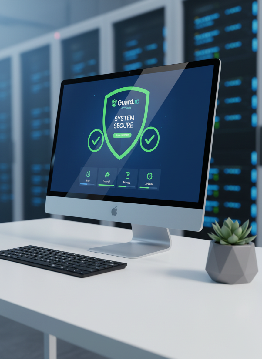 A sleek, silver desktop computer monitor displaying a vibrant, shield-shaped Guard.io antivirus dashboard with clear green status indicators and neatly organized security panels. The monitor stands on a spotless white desk beside a minimalist black keyboard and a small, geometric desk plant in a matte concrete pot. In the background, out-of-focus server racks with subtle blue LED lights suggest powerful cloud protection. Soft, cool studio lighting from the left creates gentle reflections on the monitor’s glass and faint shadows on the desk surface. Photographed at eye level with a shallow depth of field, the composition is centered and balanced, evoking a professional, trustworthy, and modern technological atmosphere in clean photographic realism.