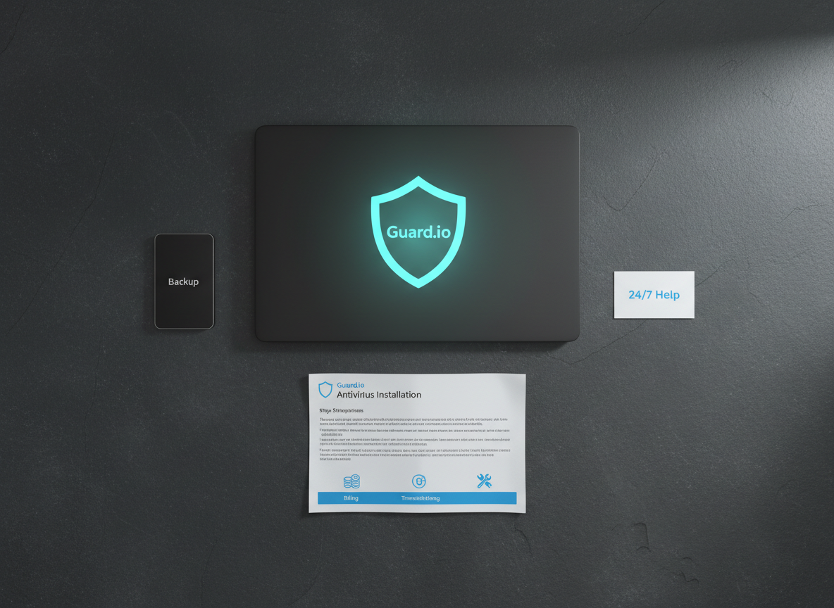A stylized overhead photographic view of a dark slate desk featuring a closed, matte-black laptop with a luminous Guard.io shield logo subtly projected above it in soft cyan light. Around the laptop, neatly arranged elements symbolize support services: a slim external hard drive labeled “Backup,” a small card reading “24/7 Help,” and a printed sheet with tidy antivirus installation steps and icons for billing and troubleshooting. The background remains minimal, with the slate texture adding refined detail. Soft, directional studio lighting from the top right creates controlled highlights and gentle shadow geometry, enhancing the organized layout. The composition uses strong symmetry and negative space, with sharp focus throughout, producing a calm, confident, and highly professional atmosphere that underscores comprehensive antivirus support in clean photographic realism.