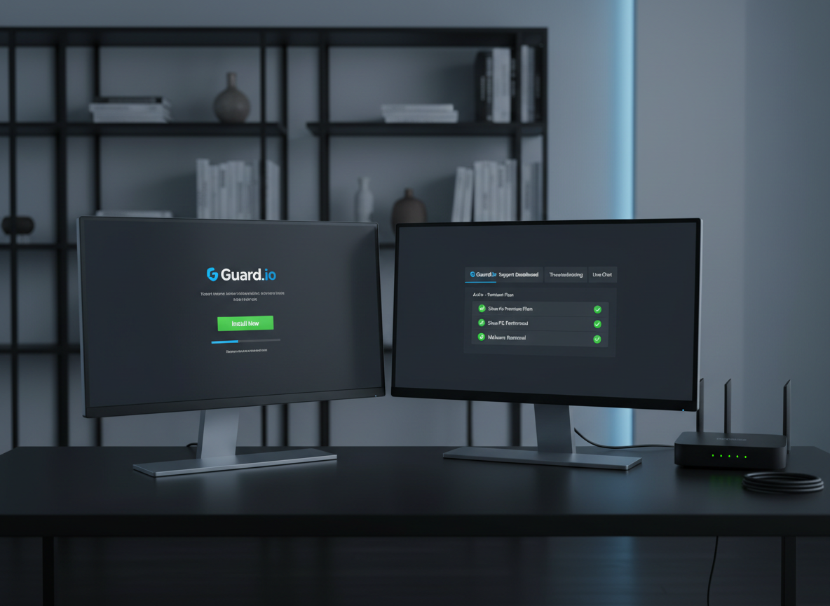 A modern dual-monitor setup on a matte black desk, each ultra-thin screen displaying different aspects of Guard.io antivirus support: one shows a clean installation wizard, the other a clearly organized billing and troubleshooting dashboard. A compact black router with softly glowing green indicators sits beside a neatly coiled ethernet cable, emphasizing connectivity and protection. The environment suggests a sophisticated home office, with a blurred background hinting at shelves and subtle blue ambient lighting along the wall. Cool, even studio lighting eliminates harsh shadows while creating subtle reflections on the screens and desk. Photographed from a wide, slightly elevated angle with sharp focus throughout, the composition is balanced and spacious, conveying a sense of readiness, reliability, and professional 24/7 support in realistic, modern photographic style.